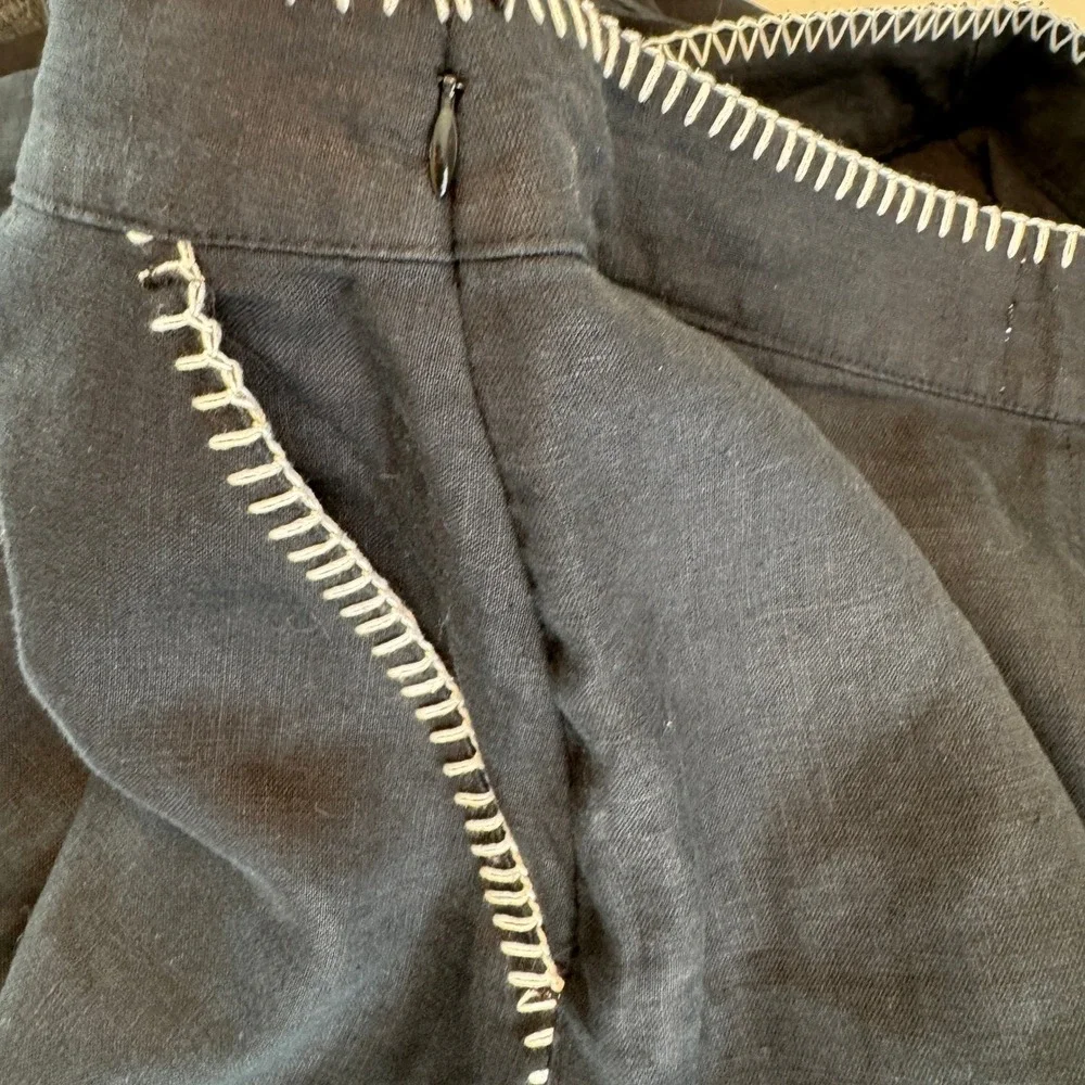 Rachel Zoe Flax Linen Midi Skirt 6 Black Blanket Stitch Minimalist Quiet‎ Luxury